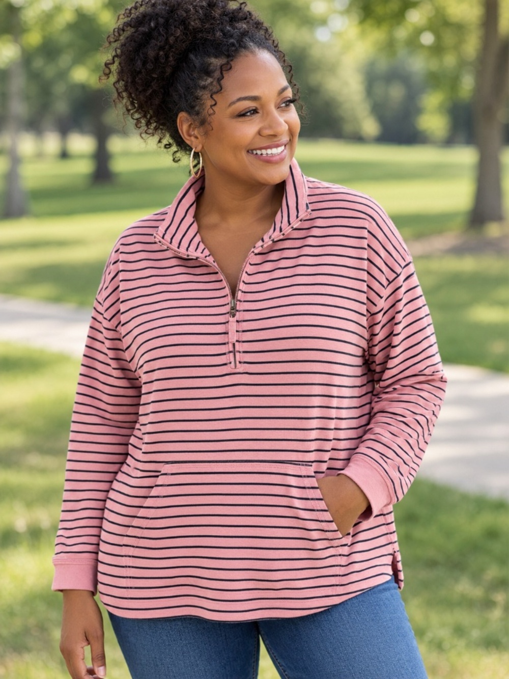 L.L.Bean 2X Pink Navy Striped Quarter Zip Pullover Kangaroo Pocket
